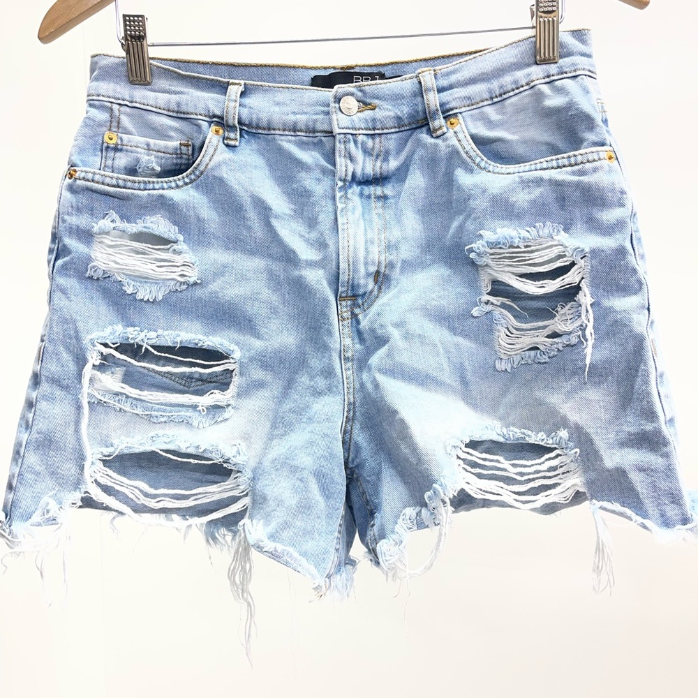 Distressed Light‎ Blue Denim Jean Shorts - Women's Casual Mid-Rise